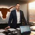 Coach Steve Sarkisian stands before a transfer portal console with the Texas Longhorns logo behind him and light on face