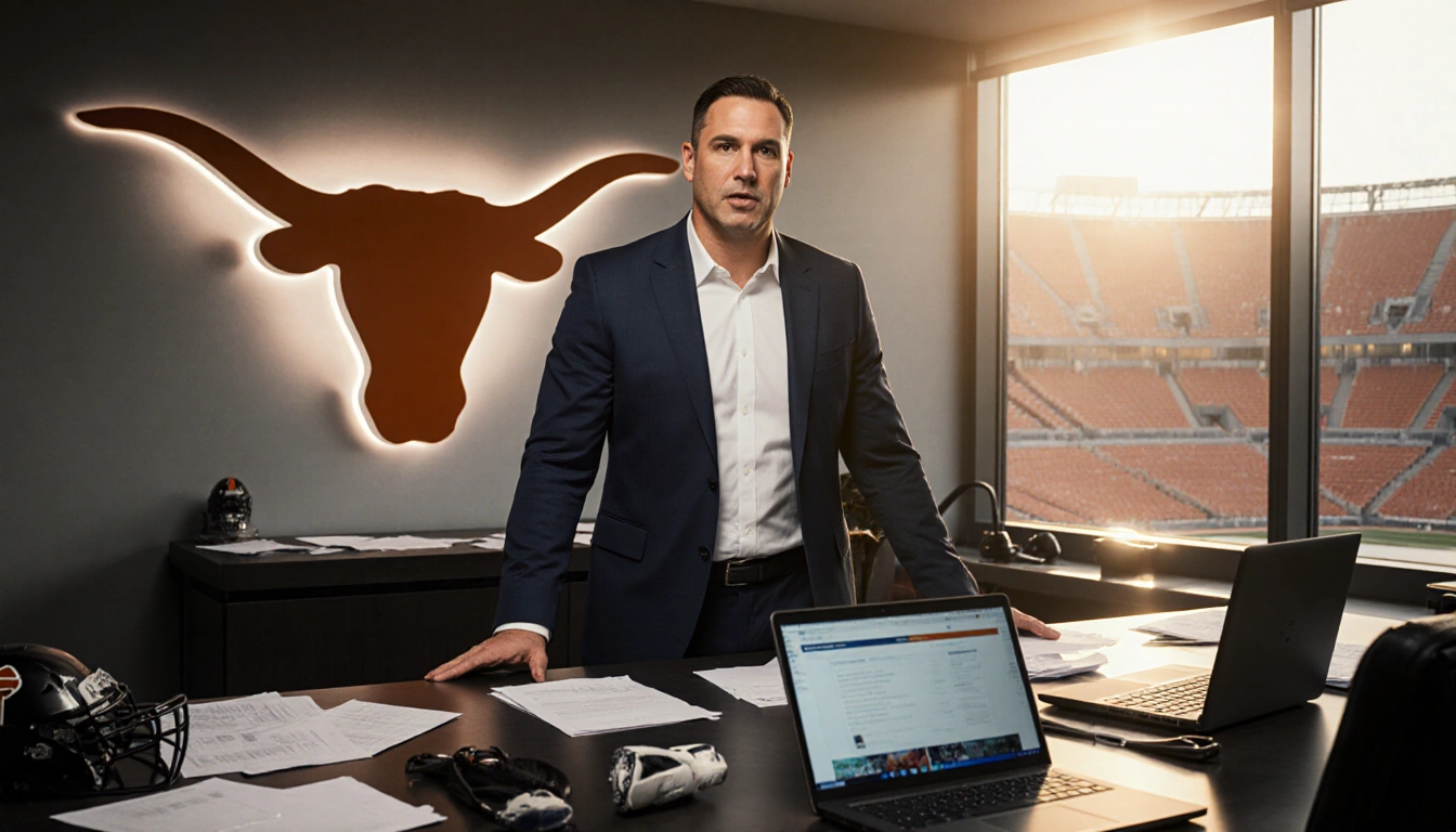 Coach Steve Sarkisian stands before a transfer portal console with the Texas Longhorns logo behind him and light on face