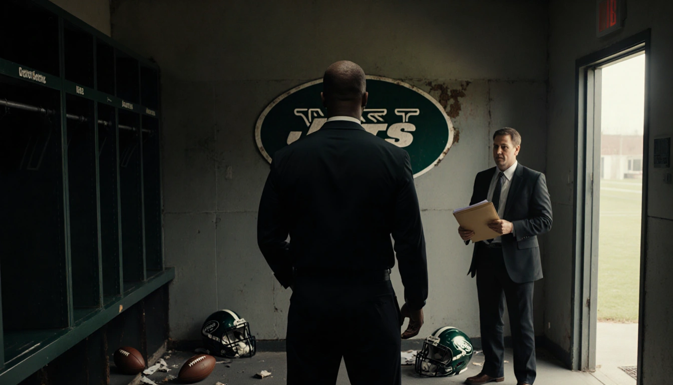 Steve Wilks stands alone in dim locker room with faded Jets logo and scattered footballs and helmets.