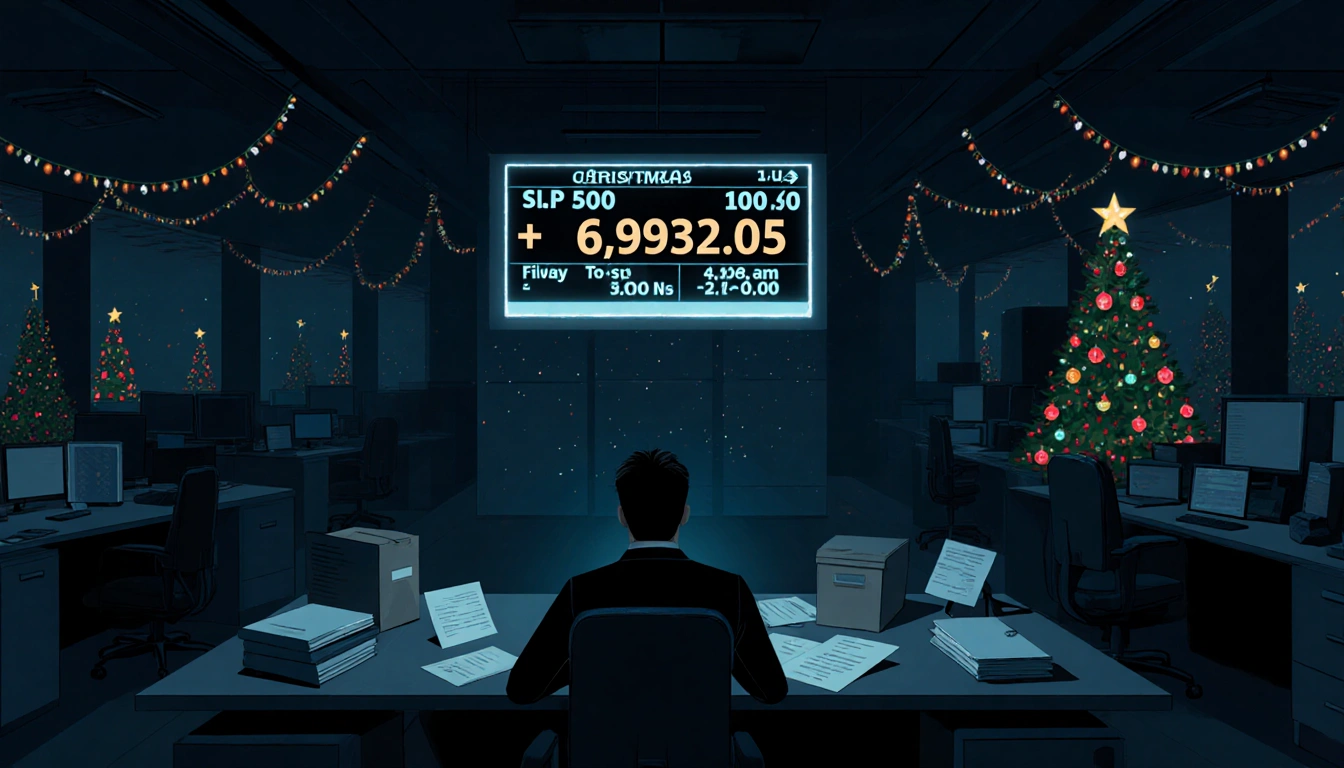 Trader sitting at desk with dim S&P 500 screen glowing and scattered Christmas cards around