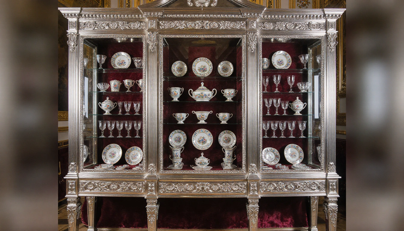 Silver display case showcases stolen porcelain and glassware with velvet lining and a blurred background.