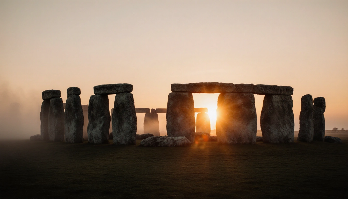 Stonehenge stones align with winter solstice sunrise with warm golden glow and misty countryside.