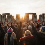 Crowd raising arms in celebration at Stonehenge during winter solstice with golden sunrise light