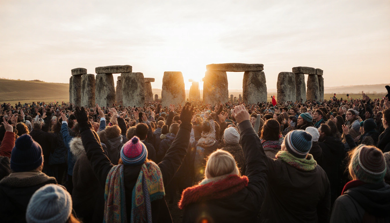 Crowd raising arms in celebration at Stonehenge during winter solstice with golden sunrise light