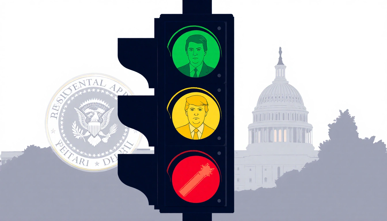 Stoplight glowing green yellow and red lights with subtle presidential seal and faint Capitol Hill silhouette in background
