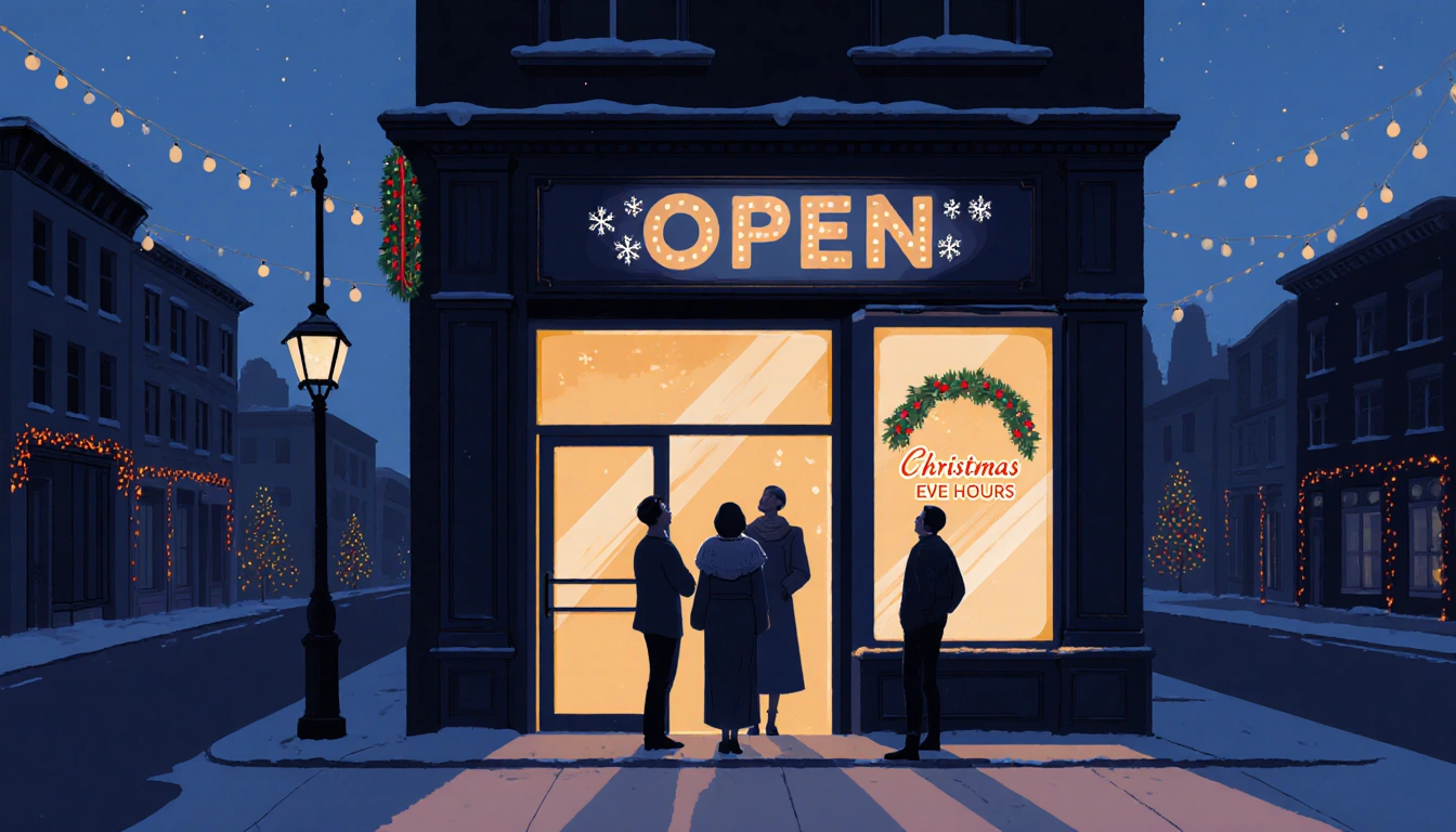 Customers entering storefront at dusk with a bright Christmas Eve sign and dimly lit streets behind.