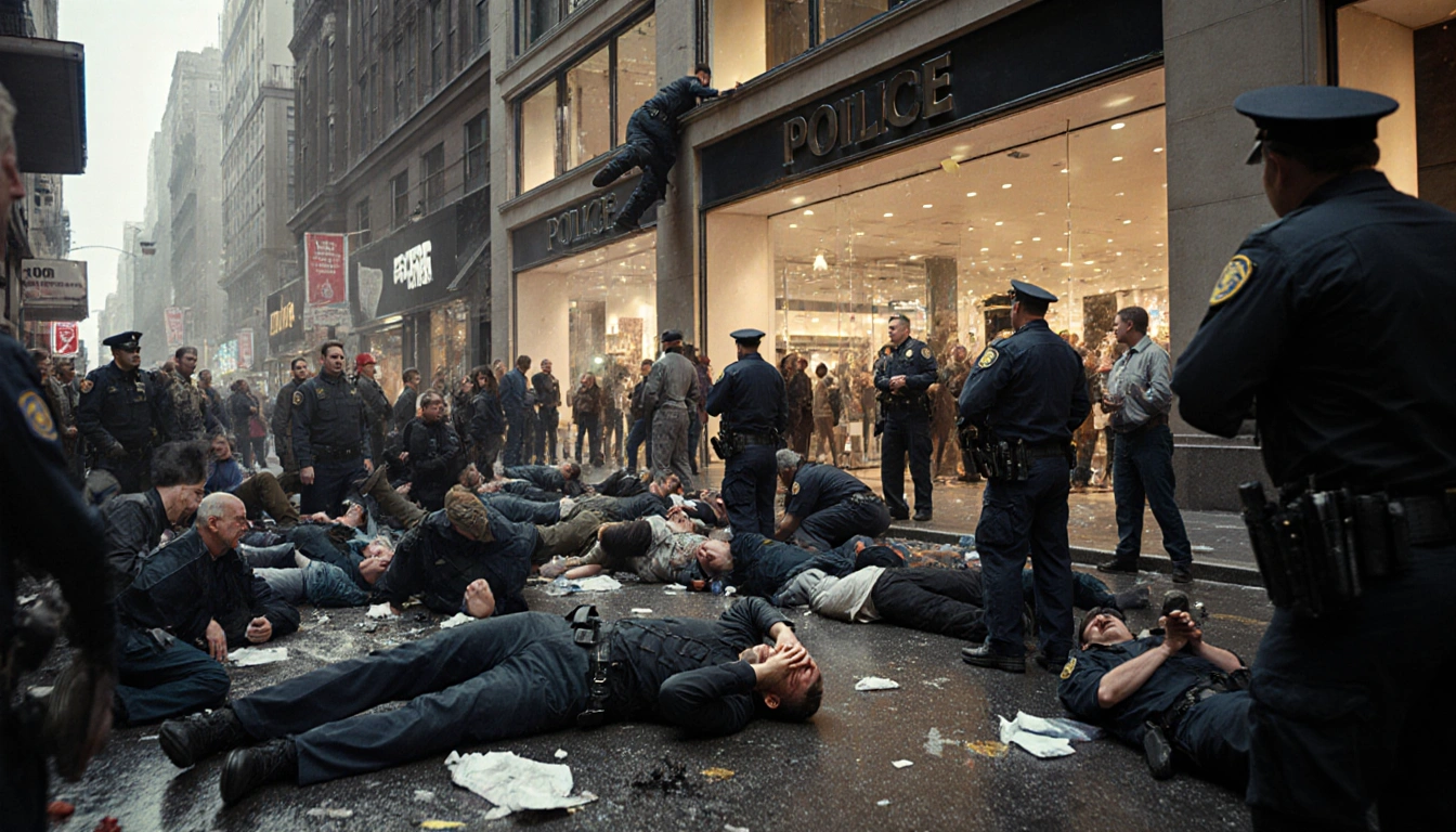 Paramedic tending injured victim with police and a falling figure against a department store backdrop.