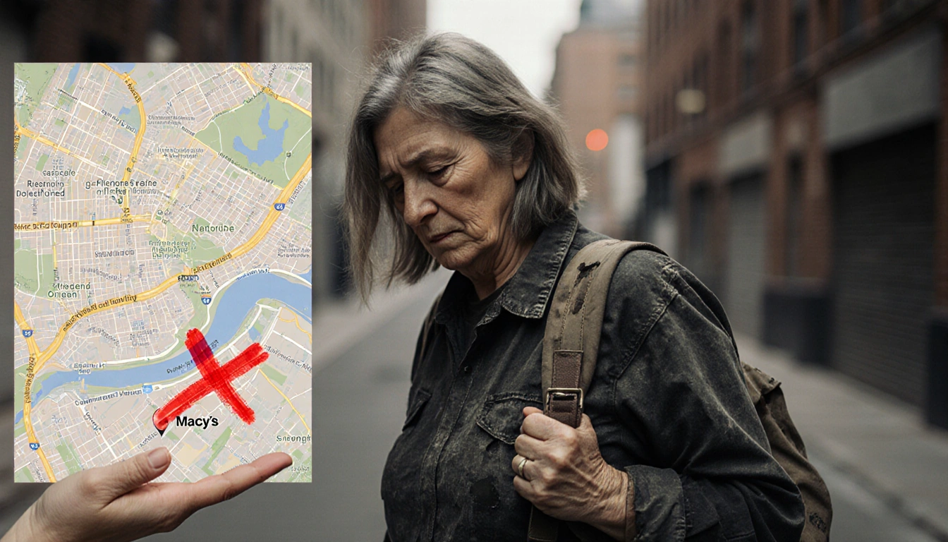 Middle-aged woman holding backpack with tattered streetwear and a faint city map outline showing a red X at Macy's
