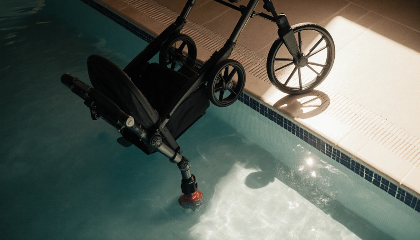 Stroller resting near pool with upside-down walker and a leg poking out of water.