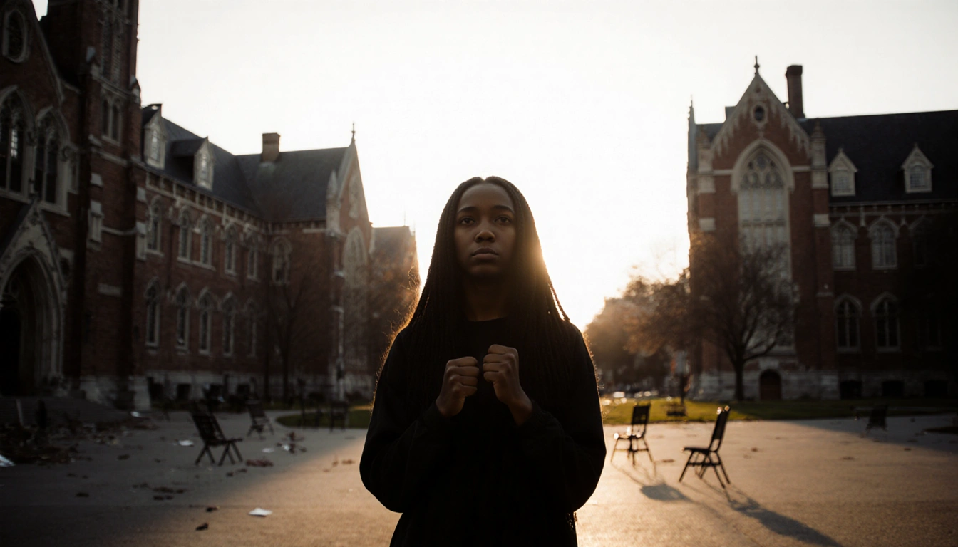 Student standing alone before Brown University Gothic buildings with clenched fists and shadowed face under sunset light.