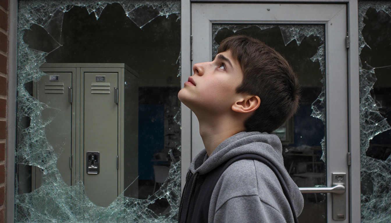 Teen student looking up at sky with shocked and sad face amid shattered glass and metal debris broken school windows