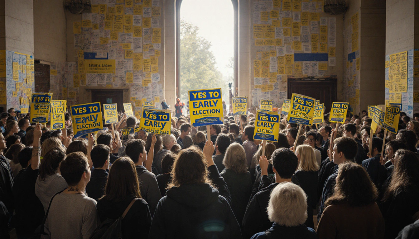 Student protesters rallying with Yes to Early Election signs in front of a large crowd and bright banners