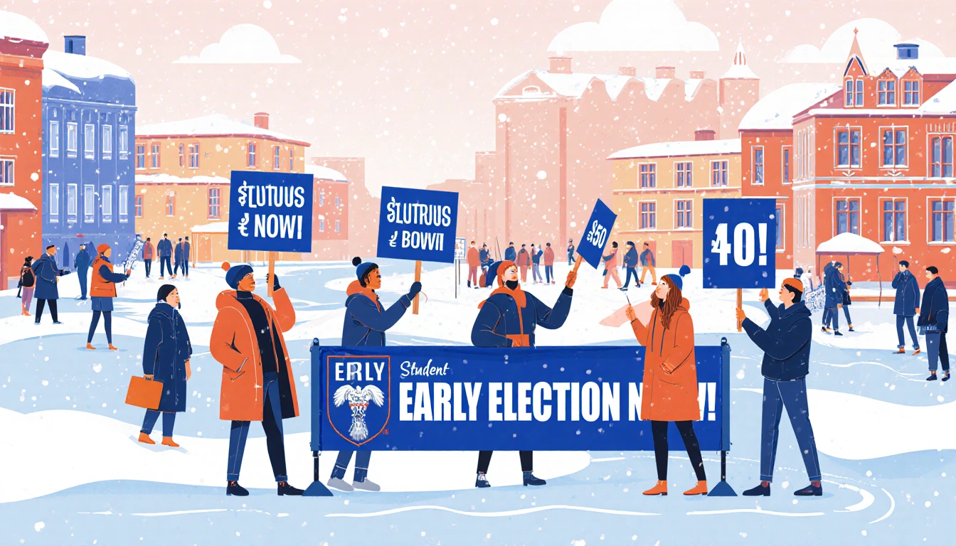 Students erecting stands with signs reading Early Election Now! amid snow streets and university buildings in Serbia