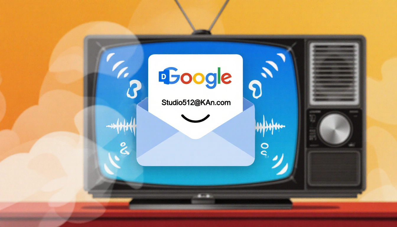 Smiling email icon shows Studio512@KXAN.com with a blurred TV screen and radio wave background.