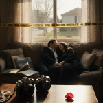 Couple slumped on couch with crime scene tape outside and dusty cameras on side table