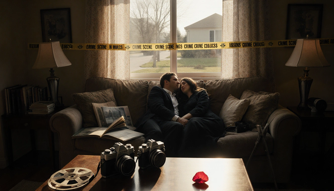Couple slumped on couch with crime scene tape outside and dusty cameras on side table
