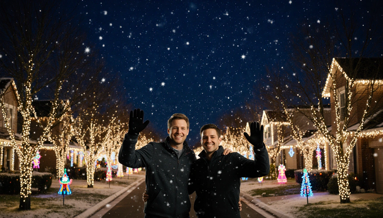 Gunnar and Matthew Nelson wave happily with twinkling holiday lights and falling snowflakes over a suburban street.