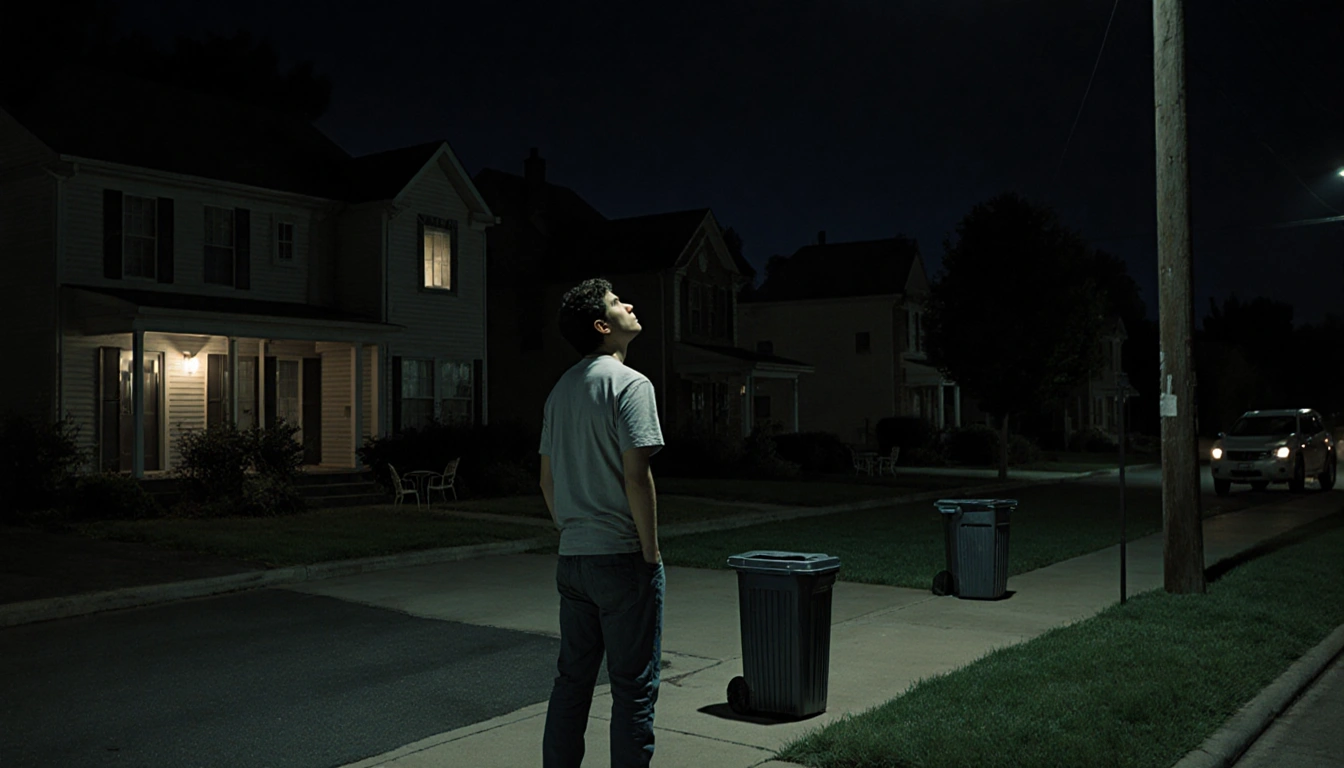 Lone figure standing on sidewalk looking up at dimly lit house with faint window light on quiet suburban street at night