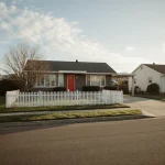 Suburban street displays manicured lawns with a mid-century home and bright red front door under a clear blue sky.