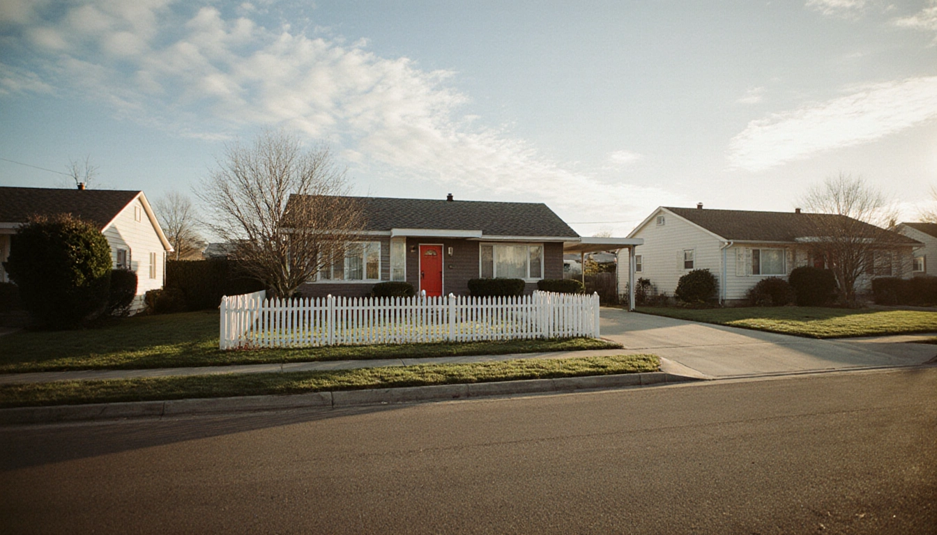 Suburban street displays manicured lawns with a mid-century home and bright red front door under a clear blue sky.
