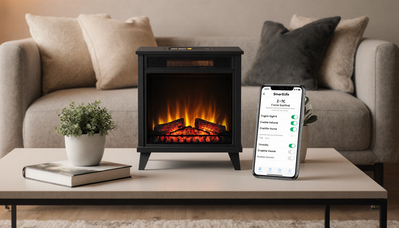 Suburbs fake fireplace radiating warm glow with potted plant and smartphone showing flame settings