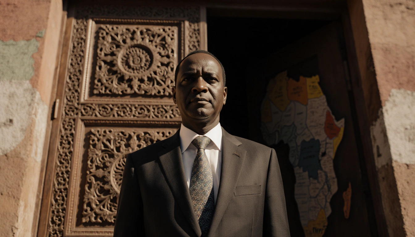 Sudan Prime Minister stands before an ornate wooden door ajar with warm light and a blurred African map in background