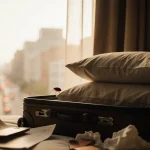 Suitcase opens revealing city street view with bedbug crawling from worn pillowcase and travel tags.