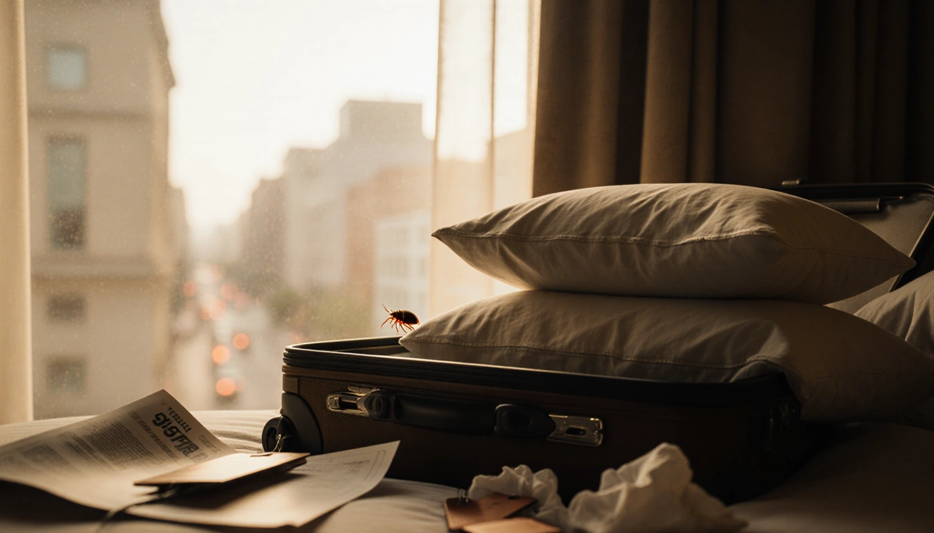 Suitcase opens revealing city street view with bedbug crawling from worn pillowcase and travel tags.