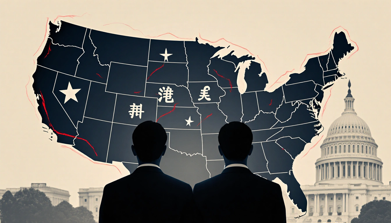 Two figures standing before a lit U.S. map with red lines tracing their bodies and Chinese characters blurred Capitol behind