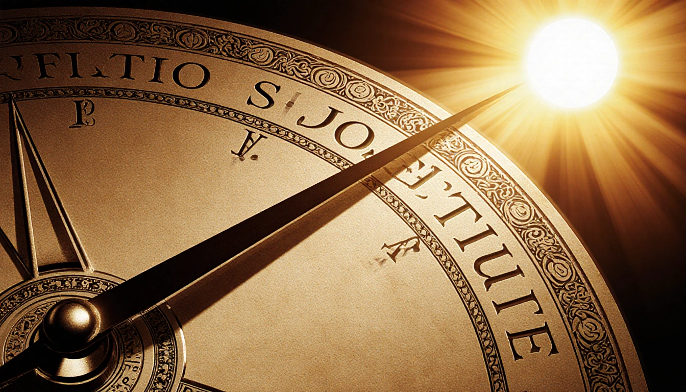 Ancient sundial displays sol and stidium etched with stylized sun ray at top right and warm earthy tones evoking solstice