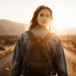 Young woman walking toward sunrise on road with scattered leaves and Texas hills behind hopeful expression