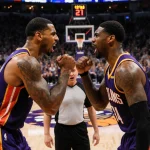 Alvarado and Williams face off in heated confrontation with fists raised amid shocked crowd in bright arena lights