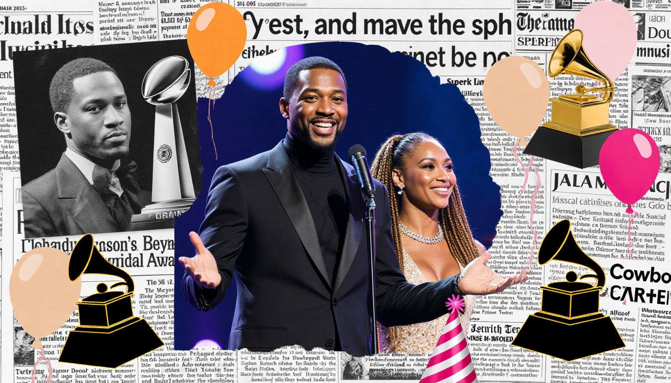 Samuel L. Jackson introducing Kendrick Lamar Bowl halftime with Serena Williams and trophy fragments