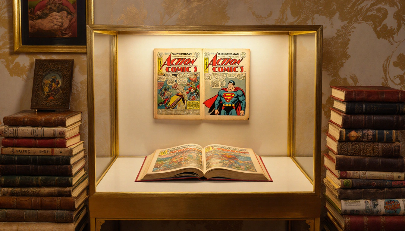 Golden-lit display case illuminates open vintage Superman No. 1 comic with stacks of old comics and warm beige background.