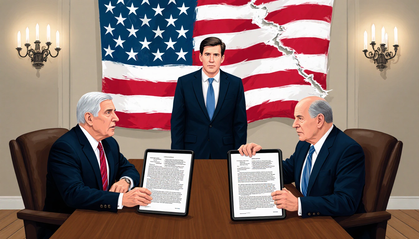 Judge Gorsuch holding a tablet with dissenting opinion on National Guard as judges Alito and Thomas sit with torn flag