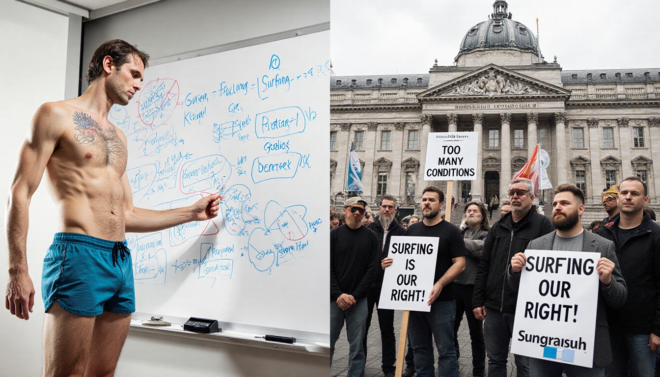 Surfer studying notes with professor and whiteboard beside protesting surfers holding signs outside city hall