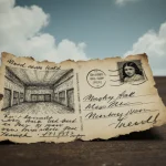 Worn vintage postcard lies on wooden desk with faded blue sky background and uneasy creased edges