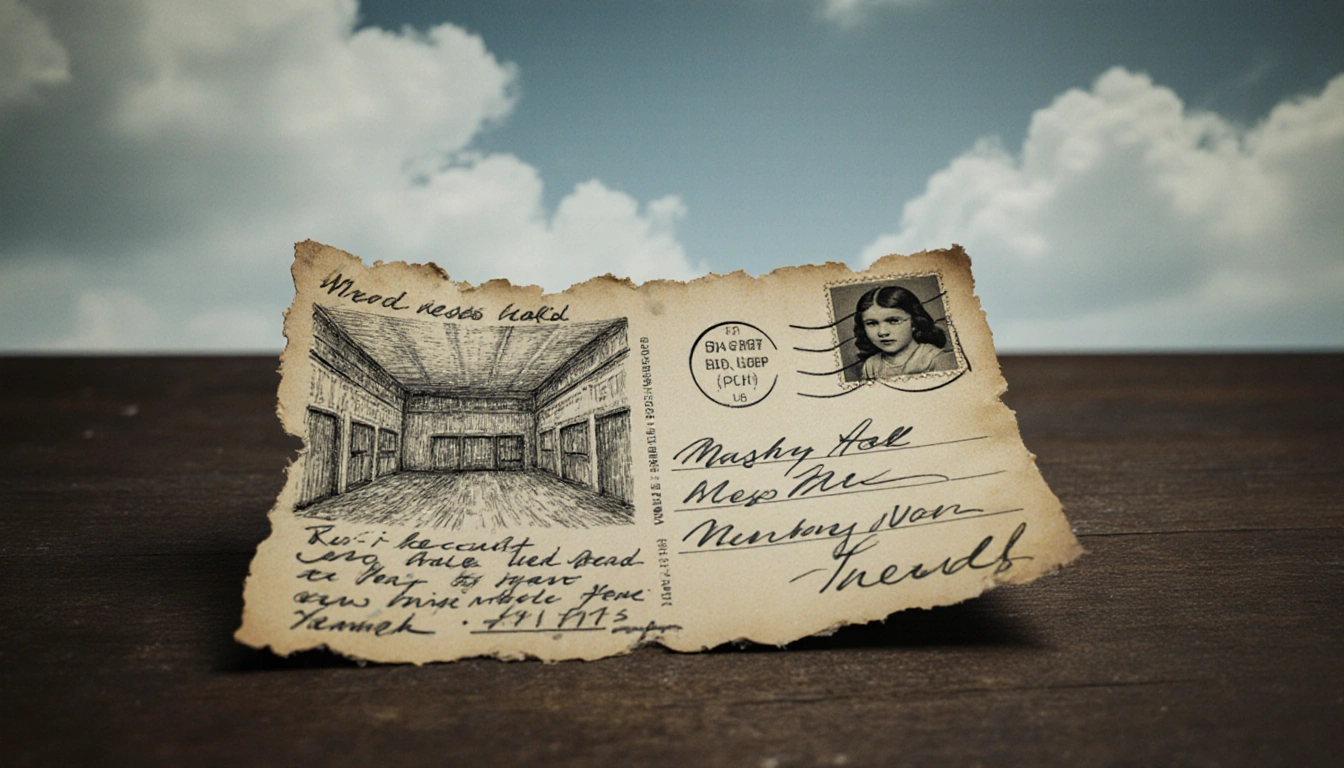 Worn vintage postcard lies on wooden desk with faded blue sky background and uneasy creased edges