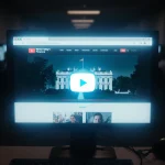 Computer screen displaying White House website with glowing blue YouTube livestream icon and blurred background of computers