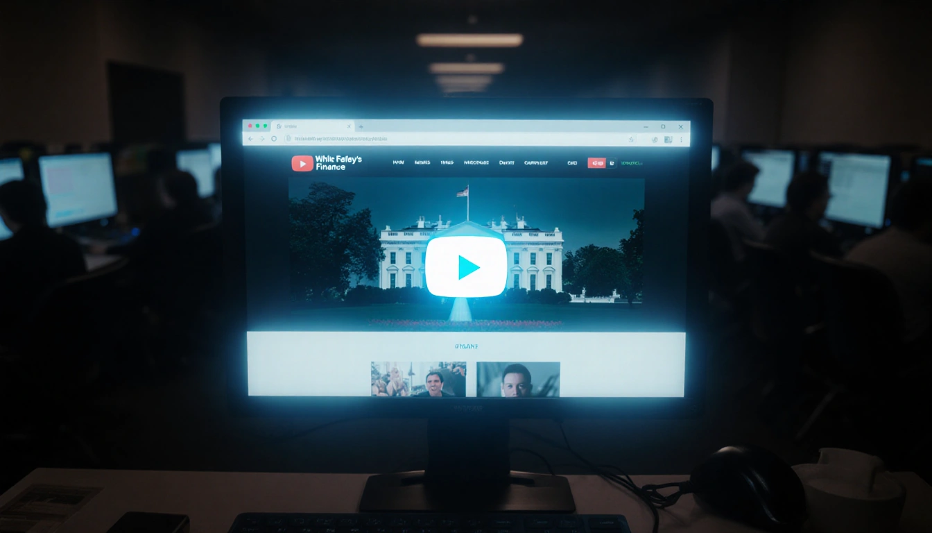 Computer screen displaying White House website with glowing blue YouTube livestream icon and blurred background of computers