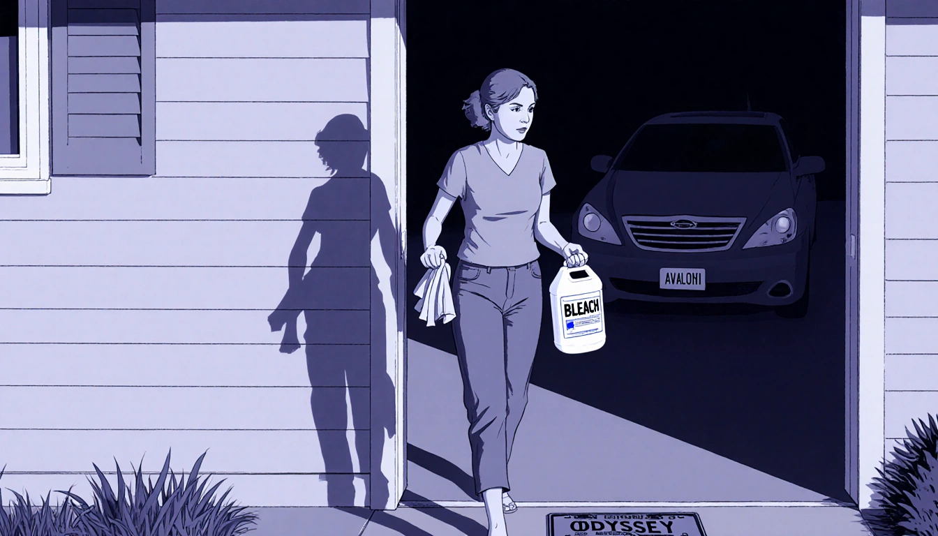 Avalon leaving house with bleach container and cleaning rags in surveillance style with lighting and license plate on the gro
