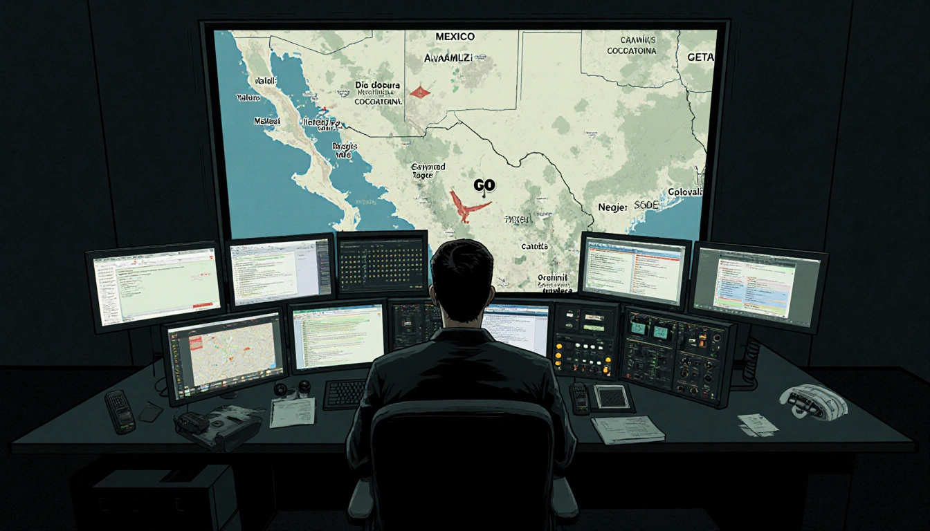 Tablas intently monitors a radio communication console with encrypted messages and a large Mexico map in the background