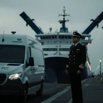 Latvian crew member stands on dock looking up at ferry with emergency lights glowing.