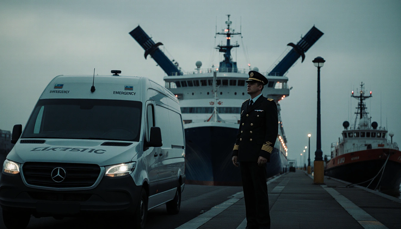 Latvian crew member stands on dock looking up at ferry with emergency lights glowing.
