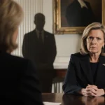 Susie Wiles sits across Pam Bondi in a White House meeting with muted lighting and a shadow of J.D. Vance showing tension.