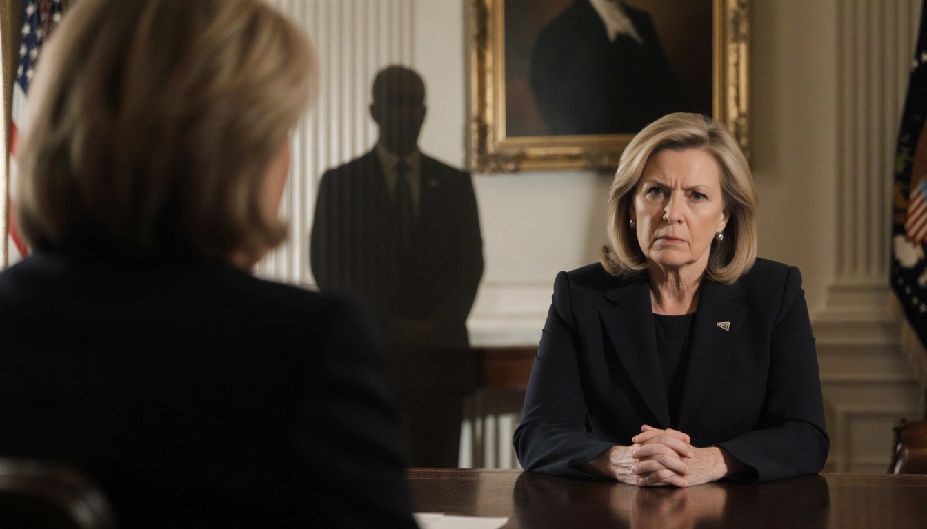 Susie Wiles sits across Pam Bondi in a White House meeting with muted lighting and a shadow of J.D. Vance showing tension.