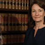 Susie Wiles standing beside a leather‑bound bookshelf with a faint distorted face of Dan Vance hinting at controversy.