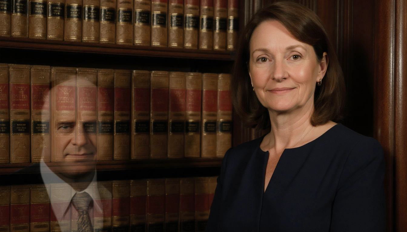 Susie Wiles standing beside a leather‑bound bookshelf with a faint distorted face of Dan Vance hinting at controversy.