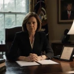 Susie Wiles sits at a polished desk with a glowing lamp and a framed photo of President Trump hinting at policy controversy