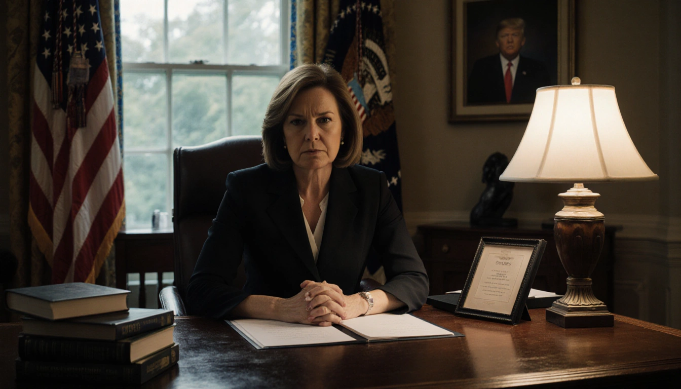 Susie Wiles sits at a polished desk with a glowing lamp and a framed photo of President Trump hinting at policy controversy